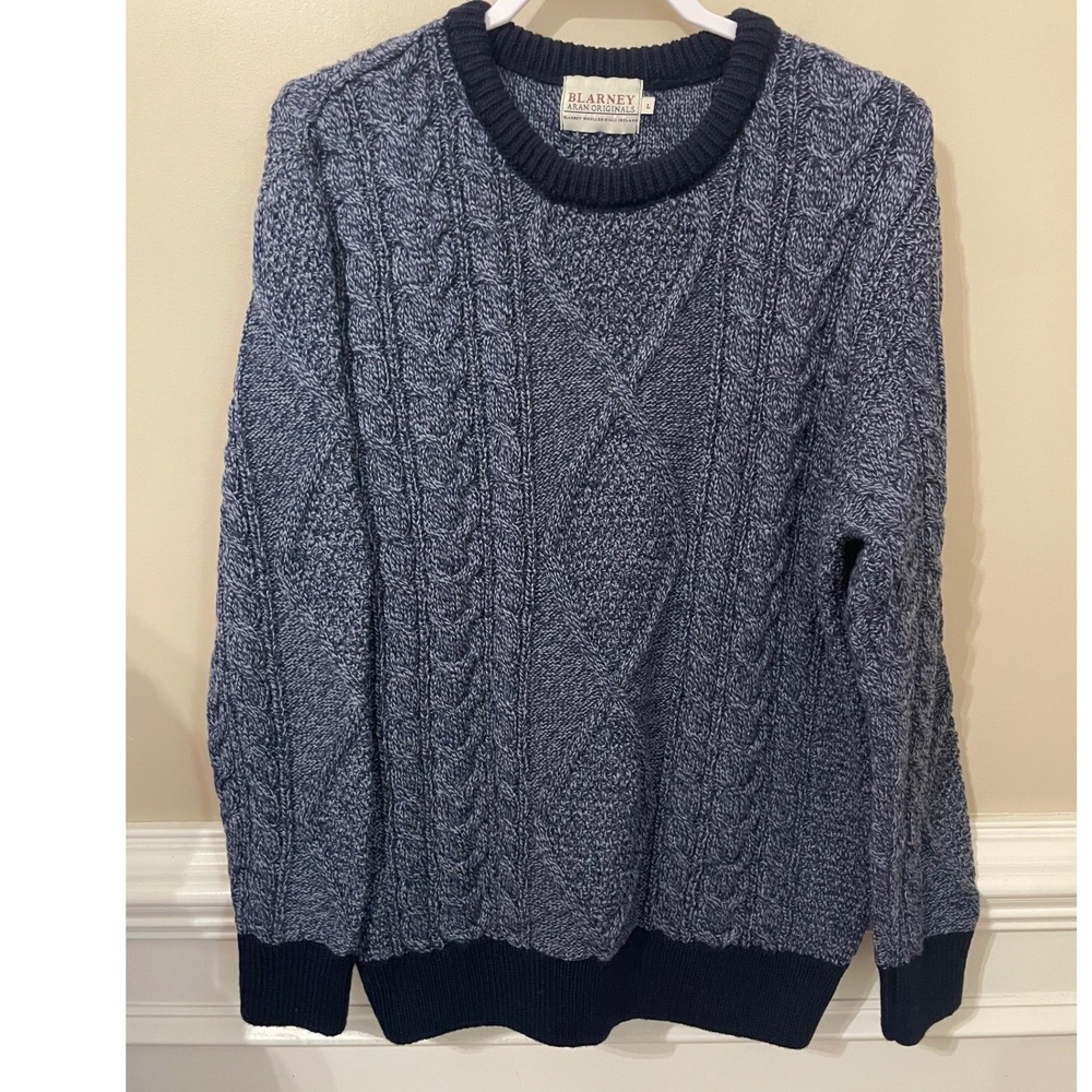 Blarney Woolen Mills Mens Size L Blue Cable Knit Wool Aran Sweater Made Ireland